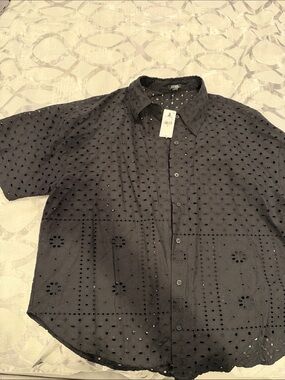 Express Black Eyelet Short-Sleeve Button-Down Shirt